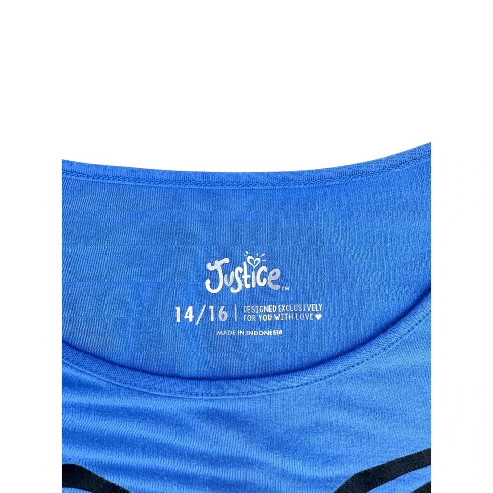 Justice Girls Graphic T-Shirt Tunic XL 14/16 Blue Puppy Dog Glitter Short Sleeve